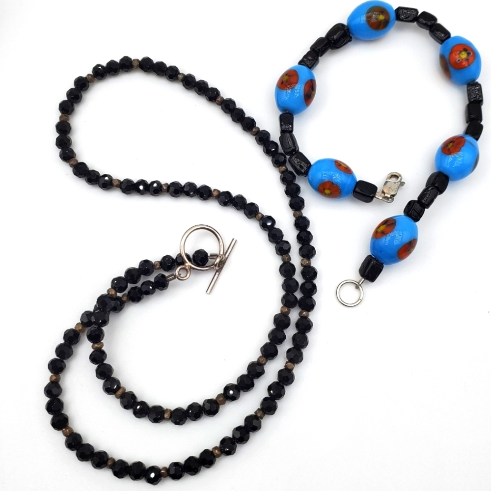 925 Sterling Clasp Chinese Blue/Black Glass Bracelet & Black Glass Neckalace Set